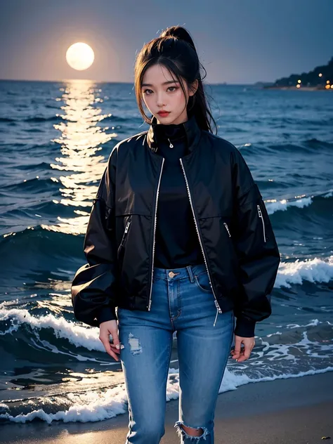 Night beach。full moon。Under the moonlight。standing black jacket。Blue denim。Beautiful woman。