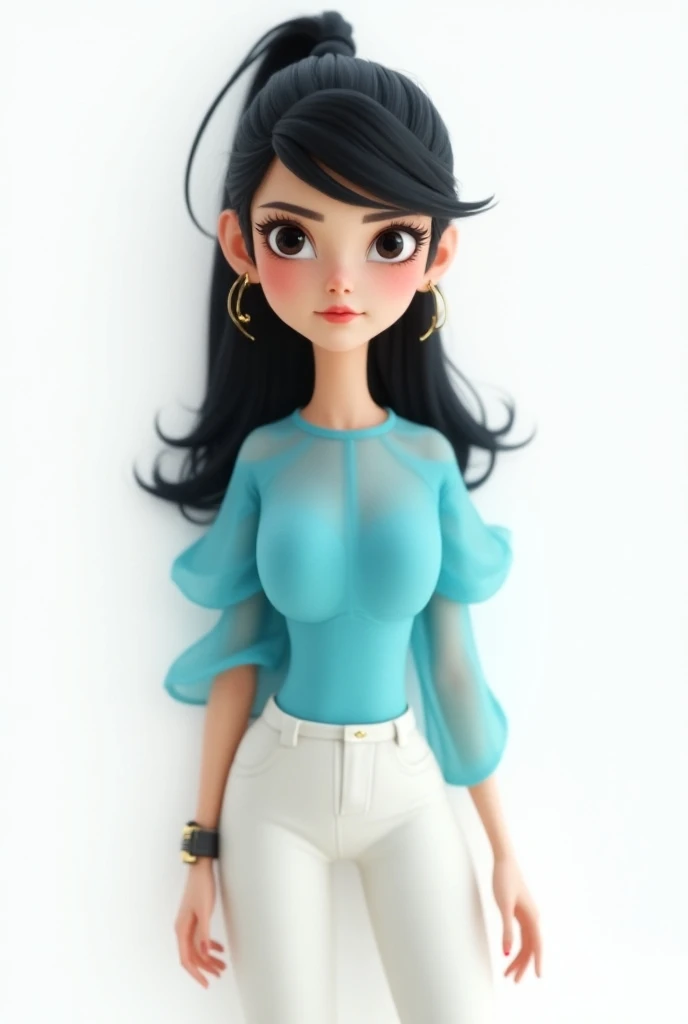  Woman with tied hair straight black ponytail, black eyes,  blue dress blouse and glued white pants , Pixar style Cartoon 3d , white background.