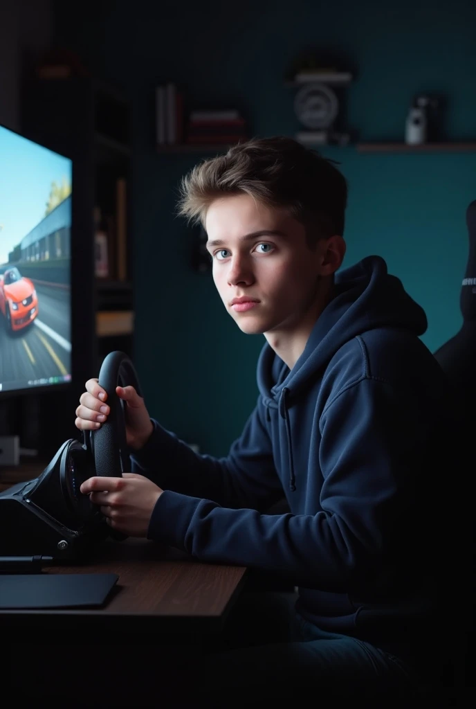 A young man of European appearance is playing at a computer using a steering wheel