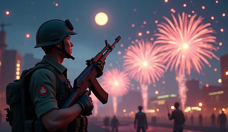 A spring, người lính cầm súng ak nhìn về  fireworks  ,  with helmets ,  rays of hope , New Years Day ,  fireworks , flares, 3d graphics , giống tựa game pubg, the high-rise houses, moon ,  many stars , Welcome to 2025, Vietnam
