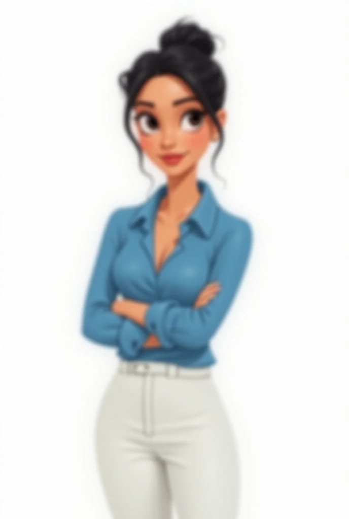  Woman with tied hair straight black ponytail, black eyes,  blue dress blouse and glued white pants , pixar cartoon style , white background.