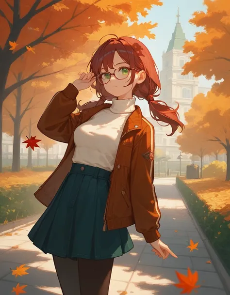 score_9, score_8_up, score_7_up, score_6_up, score_5_up, score_4_up, 1 girl, burgundy hair, long hair, glasses, two low ponytails, green eyes, Puffer Jackets, turtleneck, medium breasts, skirt, autumn, leaves, ((pose)), park, black pantyhose 