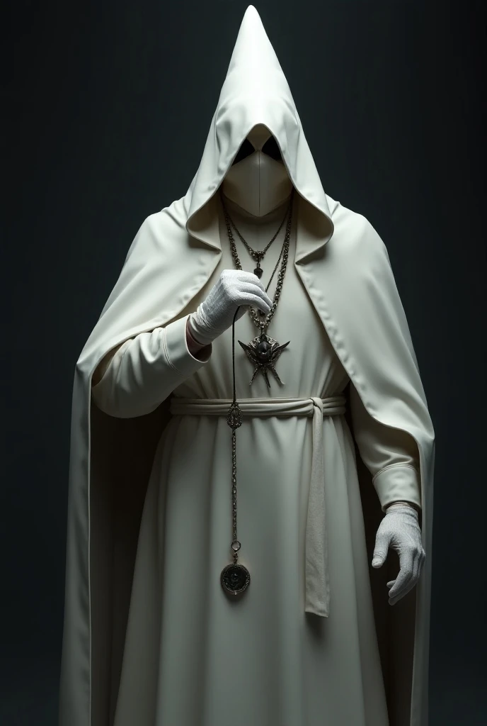 A member of the Ku Klux Klan with his white robe, pointed hat and mask, holding a pocket watch in one hand and a necklace with spikes in the other hand.