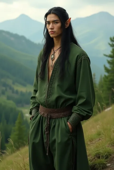 An elven man ,  in medieval green clothes ,  green eyes with long black hair