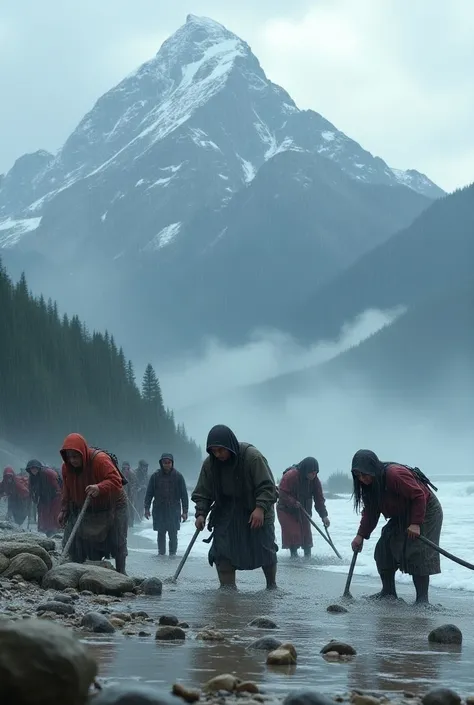 "People eagerly searching for pearls in the rain near a mountain."