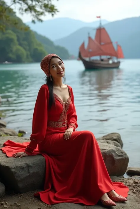 Indonesian woman wearing fancy long red dress outfit wearing fancy high heels sitting relaxing on the shore of lake Toba sitting on rocks wearing fancy hijab behind the woman there is a fairy ship and hill island samosir 