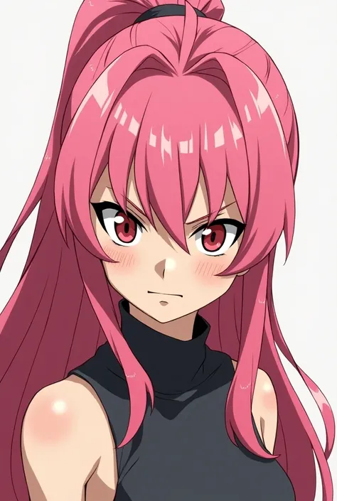 girl, 19 years old, 1,70cm, Ponytail style pink hair, angry expression, anime, 2D, Hair color should be pink