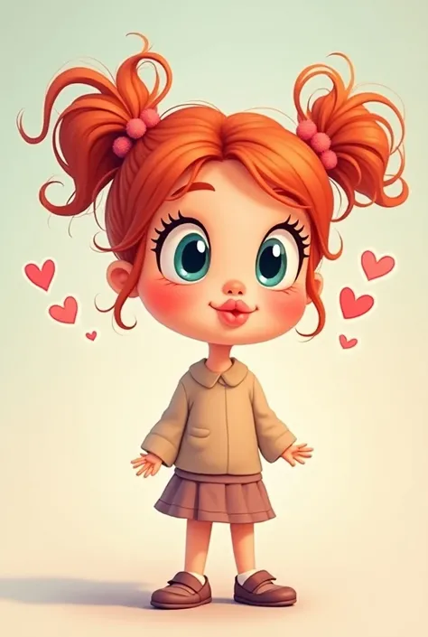  You can create a funny cartoon image of a girl with two ribbons and red cheeks throwing kisses with pink lips and blue eyes reddish hair.. very fun  