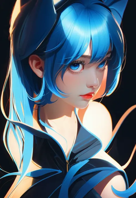 anime girl with blue hair and blue eyes in a black background, a character portrait by Ilya Kuvshinov, trending on pixiv, shin hanga, sayori, kuvshinov ilya, ilya kuvshinov face, girl with blue hair, illya kuvshinov, blue aura, kuvshinov, with blue skin