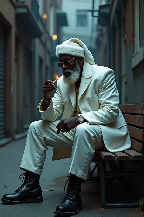 black Santa Claus , Dressed in white ,  sitting on a bench , Hand-lit cigarette,  dark alley background 