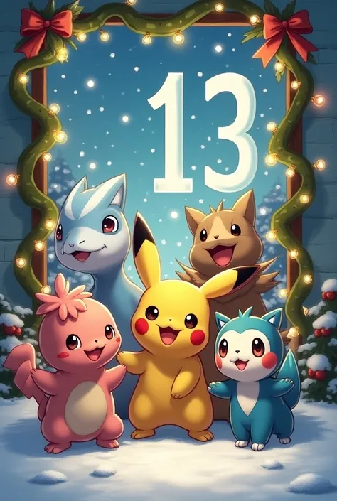 Plusieurs pokemon sur un fond de noel avec un chiffre 13