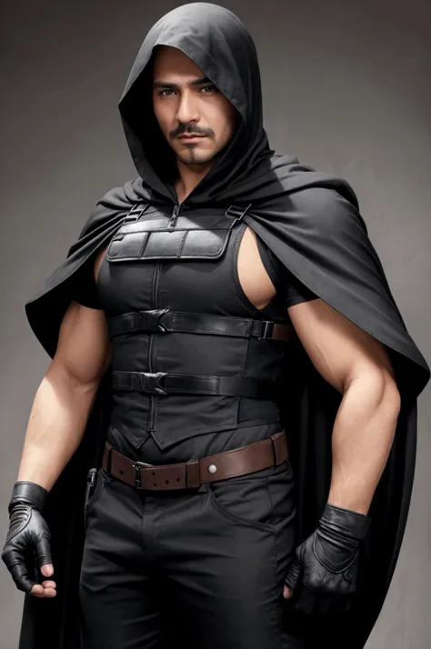  a Mexican man in his 30s blond hair, Brown eyes, high, muscular,  wears a black tactical vest ,  short sleeve Maya t-shirt , Black pants, boots,  long black fingerless gloves , a black hooded cape , without beard and mustache 