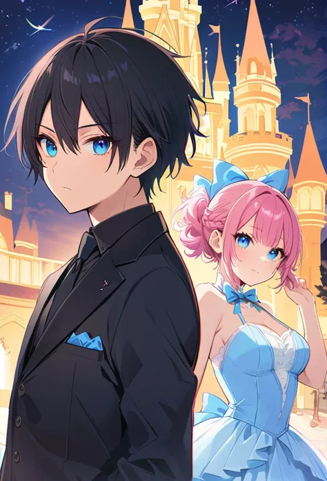 1 female,Long Black Hair,Blue Eyes,1 male dress , thin, young,Detailed eyes and face,  fade cut,Pink Hair,blue eyes,Cinderella Castle,Black suit,night