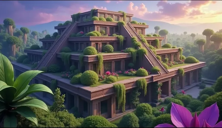 realistic, photorealistic, huge three-storey ziggurat with hanging gardens, hanging gardens of Babylon, in the middle of a lush jungle with exotic and strange plants, orange sky, fantastic landscape, dreamlike atmosphere, dreamlike light, cinematic lightin...