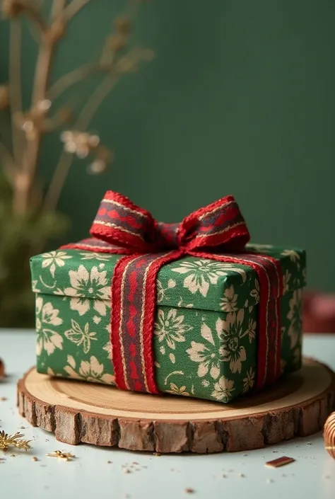  Gift box made with hand-woven palm fiber ,  designed to wrap Christmas gifts .  The outside has a handmade pattern with a red and green wool ribbon for a festive touch, The box has green colors, red and blue. The box is reusable , , making it an ecologica...