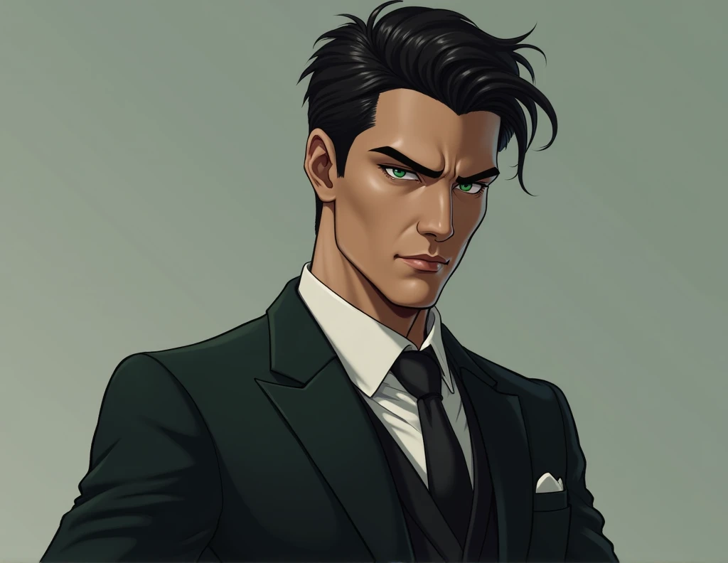 him in a suit , black hair and green eyes, strong and beautiful