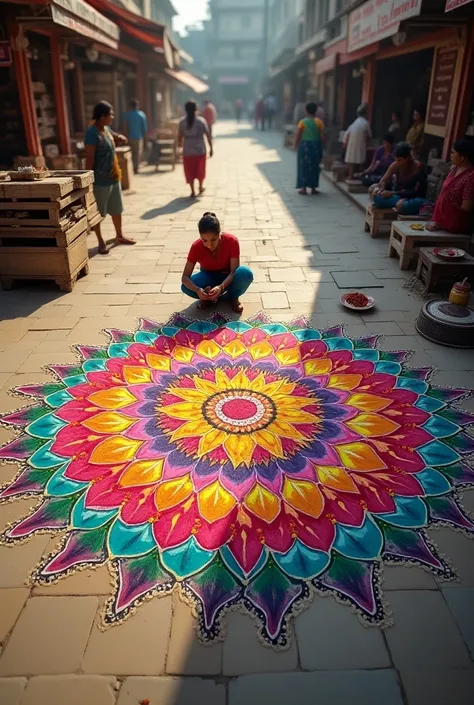 8k photo Rangoli  (Rangoli) The art of decorative painting, popular in India. Down on a pedestrian street in India that is a wide courtyard, the high angle picture is seen as a very beautiful colorful flower, very picturesque. The person painting as an Ind...