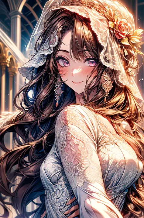 High image quality, masterpiece, 1girl,Character portrait,(whole body:1.5), adult female,Large Breasts,( wedding dress),lace trim dress, Delicate Lace , lace veil ,Wavy Hair,Lace neck top,(Lace gloves:1.3),white race tights,smile, Brown Hair,Healthy Skin,U...