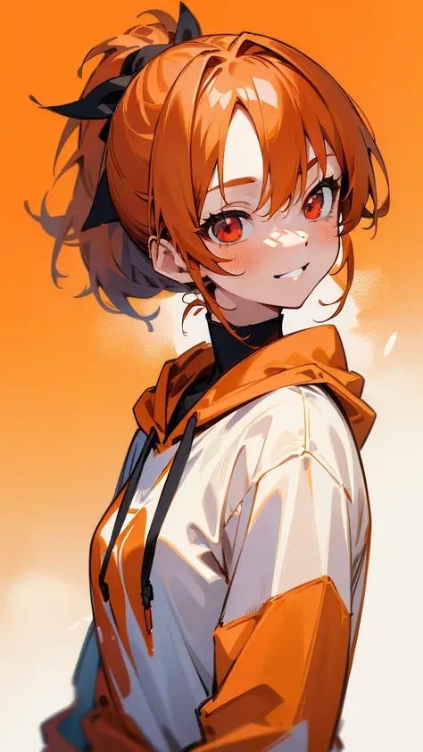 (Best Quality、masterpiece、Every detail)  Anime Girls 、 orange hair、Ponytail、Red eyes、From the side、Upper body close-up、smile、smile、Wear an orange hoodie over a white shirt、Red Background