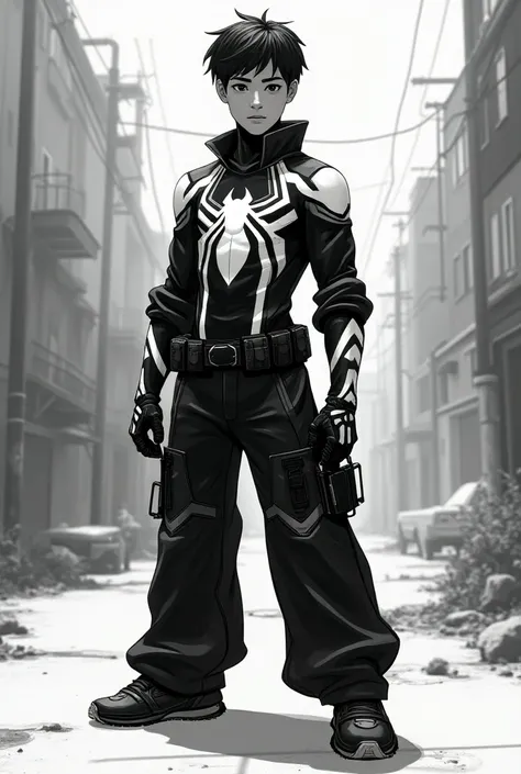 A 17-year-old boy in a black and white spiderman suit and various accessories. The pants in the suit are wide. Doesnt wear formal clothing