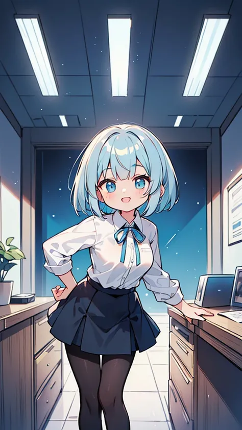 (((silver、Bob Hair、 dark black pantyhose with bright light blue hair )))、Iris、Petite、Big Breasts、Female office worker、((Gloss))のある濃い黒色パンスト、Highlights、Long sleeve white shirt、White Mini Skirt、 light blue neckbar ribbon 、Super bright smile 、