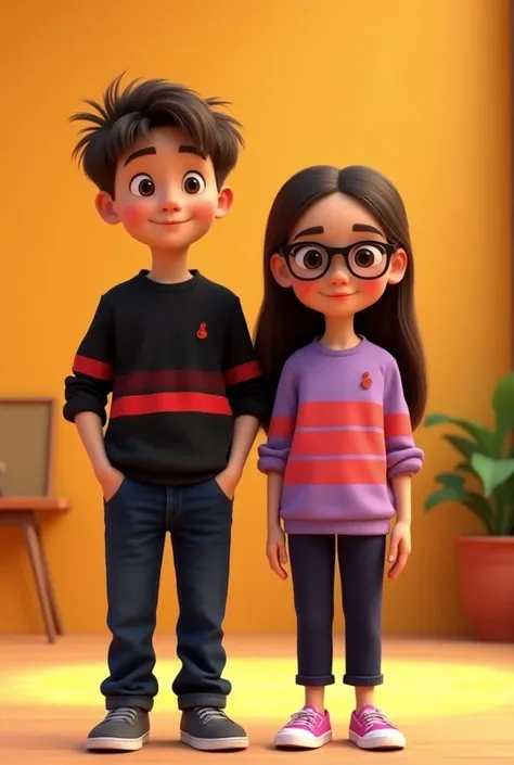 A boy 12-year with brown hair wears a black shirt with dark red stripes, dark blue pants , and gray shoes and A girl  with glasses with long dark brown hair, has brown eyes, wears a lilac shirt with coral pink stripes and navy blue pants and magenta shoes ...