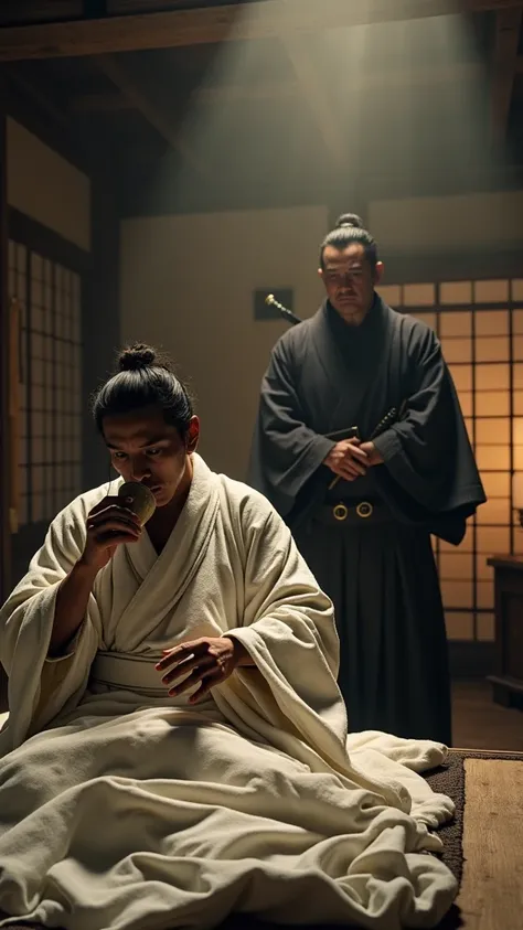 Minamoto no Yorimitsu, frail and visibly tired, 10th century Japan, wearing simple white robes, sitting up in bed drinking from a cup, mysterious monk watching closely with a hidden smile, background shows a dimly lit room with wooden floors and sparse fur...