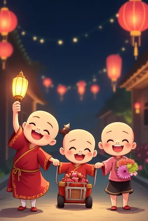 A colorful, cartoon-style illustration depicting four ren celebrating a festival. On the left, a joyful  in a red robe holds a glowing lantern. Next to them, another , dressed in patterned shorts, pulls a small toy cart while smiling. A third , wearing a p...