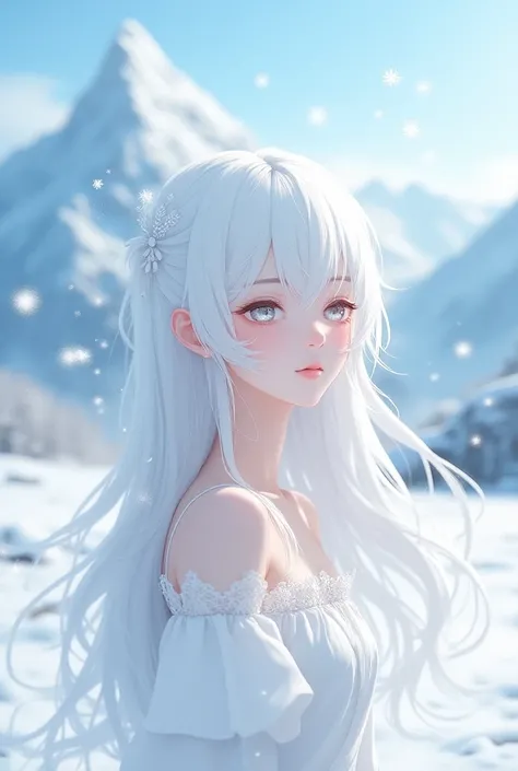 beautiful anime girl with white hair in the background of winter
