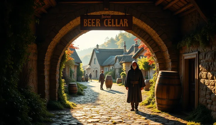 Wide-angle cinematic shot of the Beckent Beer Cellar entrance. The stone doorway is partially covered in moss, with a rustic wooden sign overhead reading Beckent Beer Cellar for Royalty. Warm, golden light spills from the cellar, casting long shadows on th...