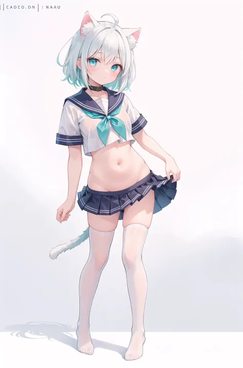 Uncensored, (masterpiece), 1girl, cat girl, cat ears, medium hair, white hair, bangs, ahoge, belly button,(aqua eyes:1.2), pretty eyes, (white sailor collar:1.2), serafuku, white pleated skirt, miniskirt, ruffle, white stockings, without shoes, Pure white ...