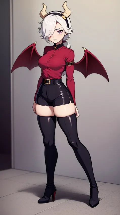 score_9, score_8_up, score_7_up, score_6_up, score_5_up, score_4_up, source_anime , colettetrixie, red skin, sharp teeth, hair over one eye, hairband, demon horns, colored sclera, purple shirt, purple shorts, demon wings, thigh high boots, black boots, hee...