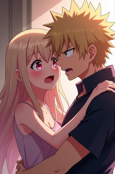 A girl  from my hero academia with long blonde hair with a little pinkish color with soft pink eyes and slender body looking startled while her boyfriend Bakugou katsuki from my hero academia grab her by the waist looking annoyed 