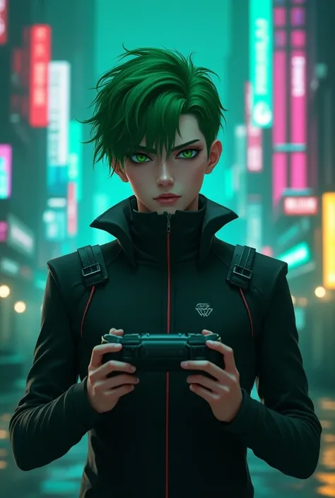 A male character with green hair and green eyes with video game control in his hand