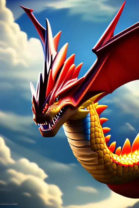 there is a cartoon of a dragon with a red and blue tail, similar to pokemon, new pokemon, dra the dragon, a red dragon, illustra...