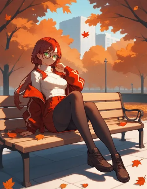 score_9, score_8_up, score_7_up, score_6_up, score_5_up, score_4_up, sitting, 1girl, burgundy hair, long hair, glasses, two low ponytails, green eyes, Puffer Jackets, turtleneck, medium breasts, skirt, autumn, leaves, ((pose)), park, bench, black pantyhose