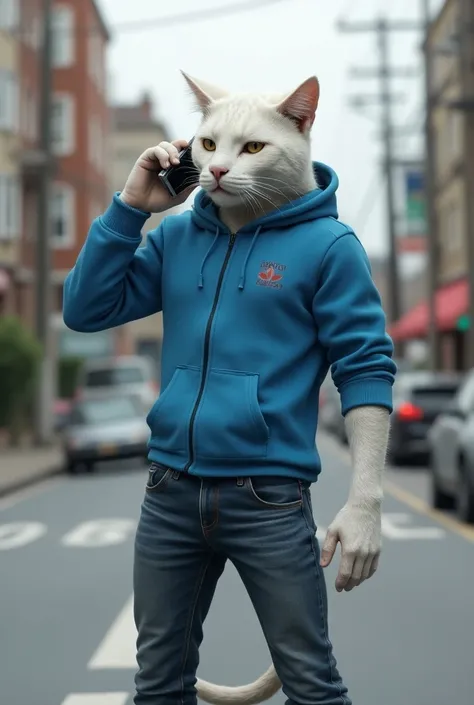 draw a humanoid white male cat wearing blue hoodie and jeans on the road. show that his body is masculine. show that he is calling "911" on the phone