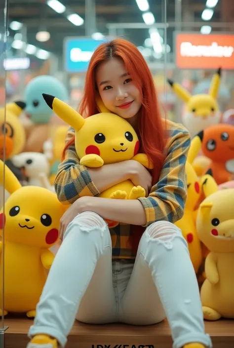 displays a real photo, very detailed, very detailed studio photo, a beautiful, sweet Korean woman, wearing a trendy casual checkered shirt, yellow and blue, long ripped white jeans, yellow sneakers, long red hair, standing posing like a smiling model , hug...