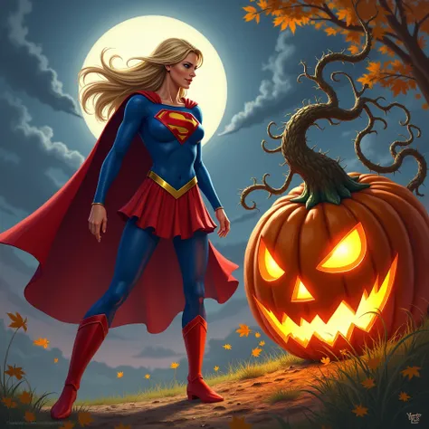  Supergirl、(正確な Supergirlの衣装:1.5)、ハロウィンのカボチャに襲われる Supergirl、首筋をカボチャに噛みつかれる Supergirl、