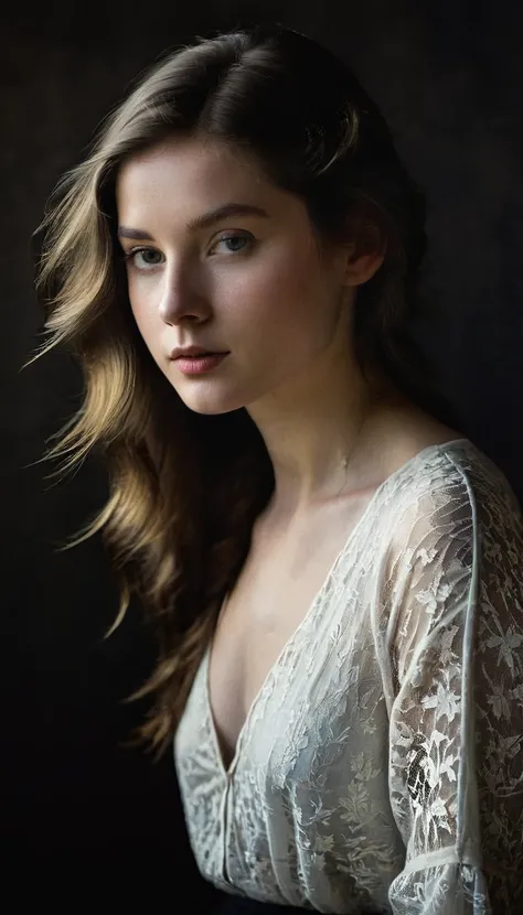 Alvin Langdon Coburn， Beautiful young female model，Dark background，Light and Shadow，Ultra-fine details，4K