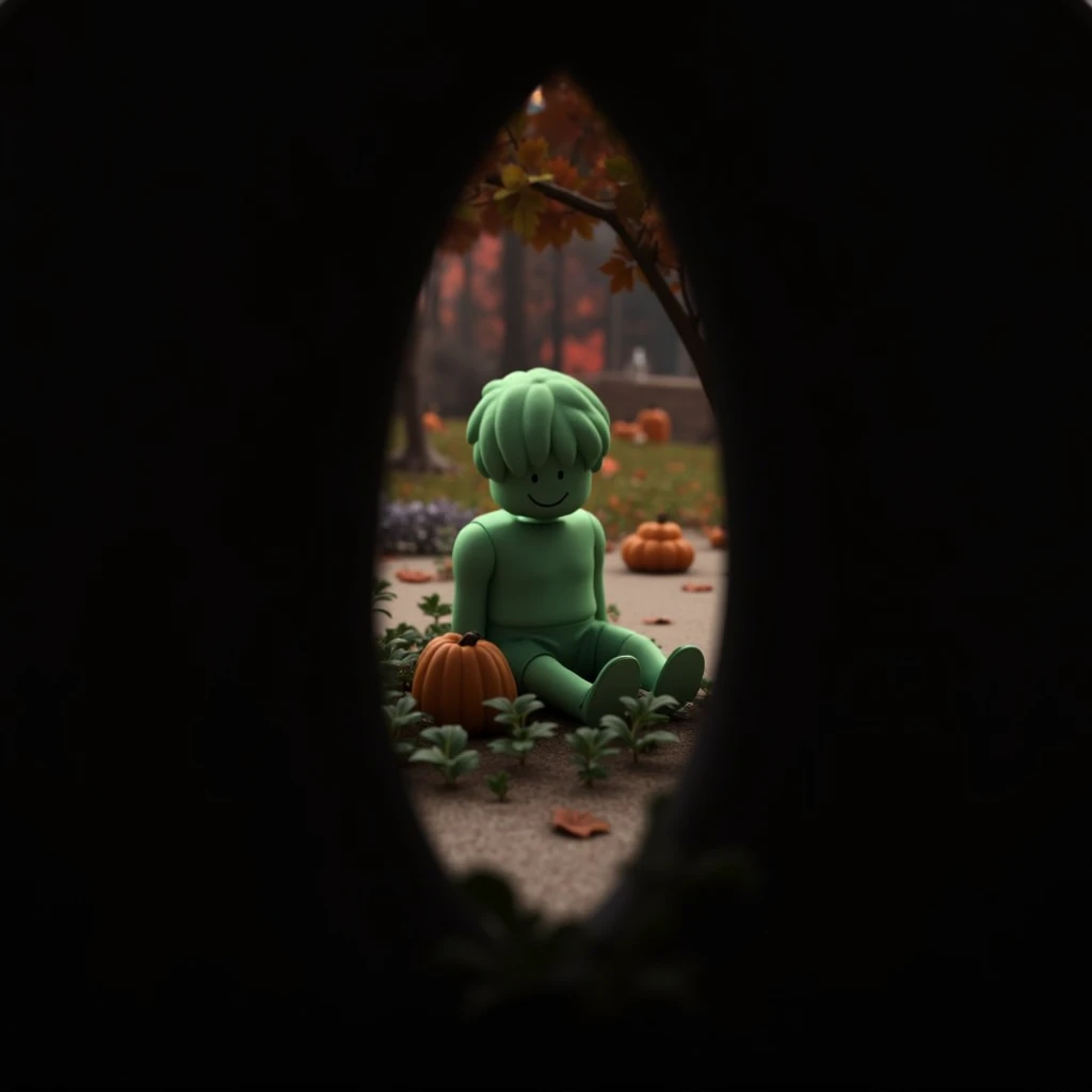 Roblox character like this sitting in a pumpkin patch