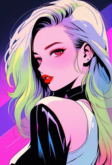 ((illustrator)),perfect vampire, in club, retrowave,  cyberpunk theme, stylish, sketch, 1girl, lovely, rockstar, shiny lip, jersey wear, order, very modern stylish asymmetry hair, platinum blonde, ((gradient)) background, neon hair, textured crop, (masterp...