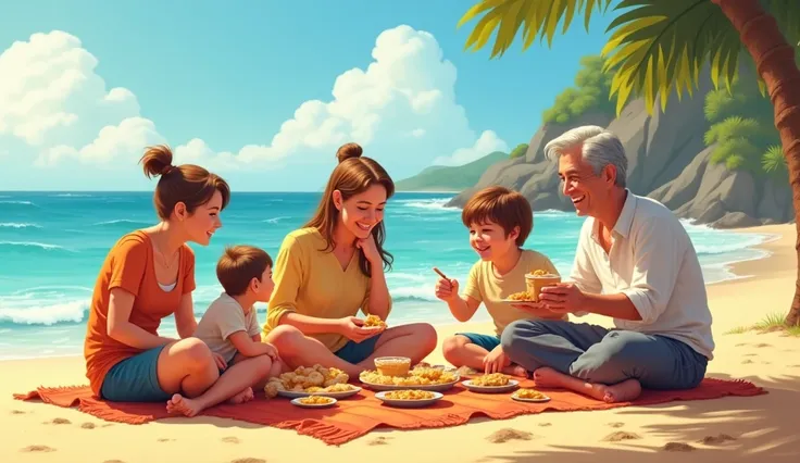 All the family membars eating peanut butter at the sea beach