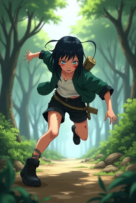 A girl with light  blue eyes, straight hair, black hair, in white shirt,green jacket,black shorts at length of the knee, summer boots,with kunai ,training in the forest,shinobi accessory, long hair,she is shinobi from Konoha,white skin , attacking her riva...