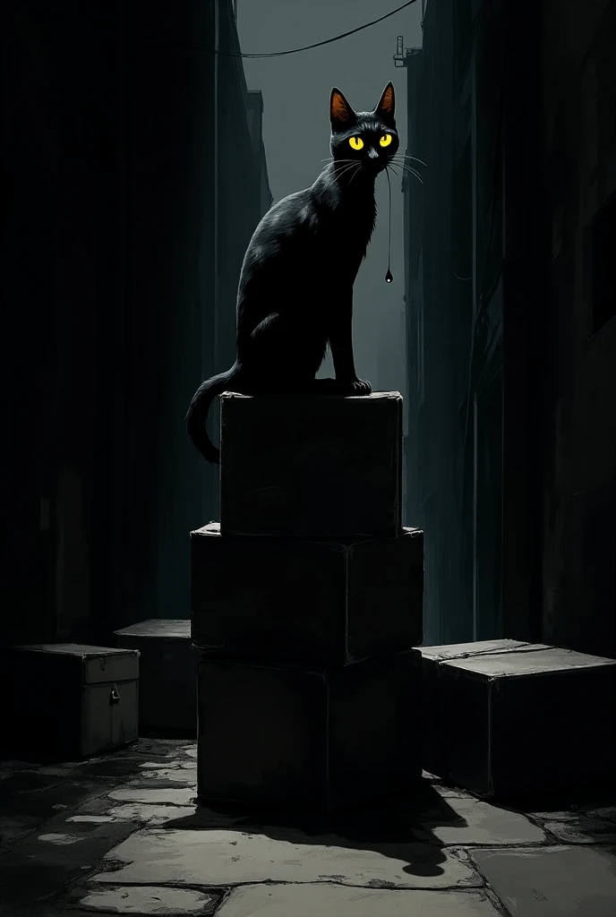  create a black and white comic  ( only the eyes must be yellow as in the text) based on the following text : Noir,  a skinny and all black cat , with bright yellow eyes,  is standing on top of a stack of boxes ,  looking closely at the alley below .  A dr...