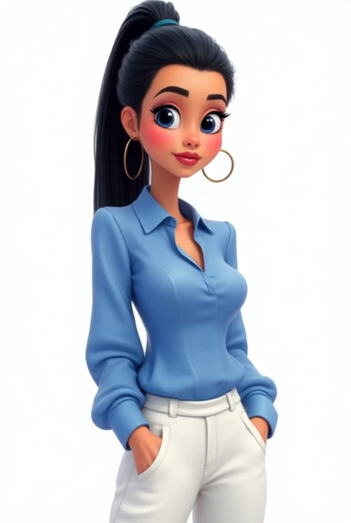  Woman with tied hair straight black ponytail, black eyes,  blue dress blouse and glued white pants , pixar cartoon style ,  transparent background .