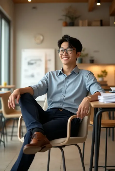 Photo of a 19-year-old boy , half asian, stylish, smiling,  sitting in an environment that looks like an architectural firm