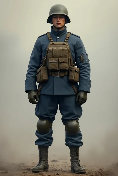 Soldier, standing at full height, dressed in a blue uniform, blue pants with tactical knee pads, dressed in a tactical vest, in a tactical military helmet, in the style of 1916-1919, 