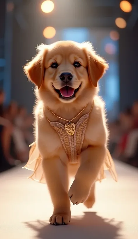 Puppy golden retriever in a dress fashion show competitions