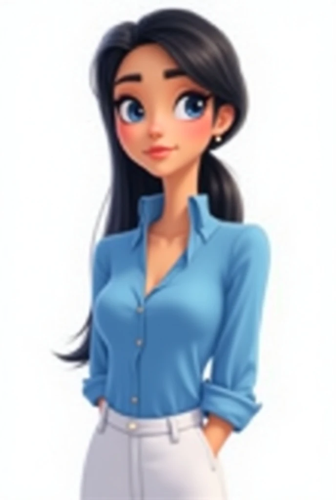  Woman with tied hair straight black ponytail, black eyes,  blue dress blouse and glued white pants , pixar cartoon style ,  transparent background .